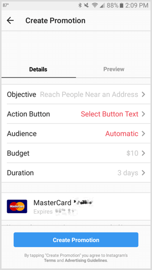 Instagram ads promotion action button