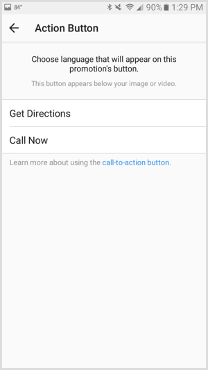 Instagram ads promotion action button