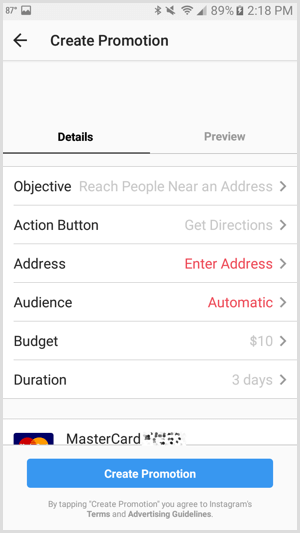 Instagram ads promotion action button