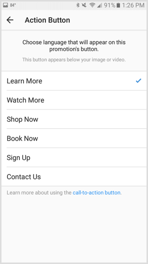 Instagram ads promotion action button