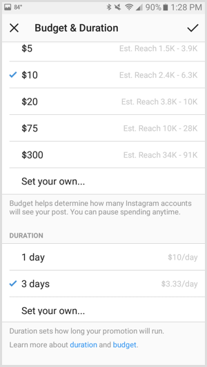 Instagram ads promotion set budget