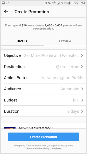 Instagram ads promotion set budget