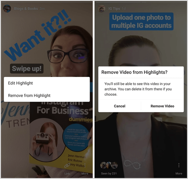 Instagram highlight delete post