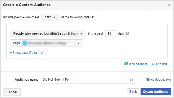 facebook özel izleyici oluşturmak Kurşun formu göndermeyen insanlar