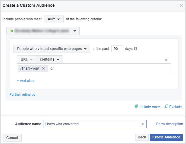 facebook create custom audience people who submitted form