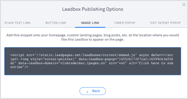 LeadPages leadbox publish code 