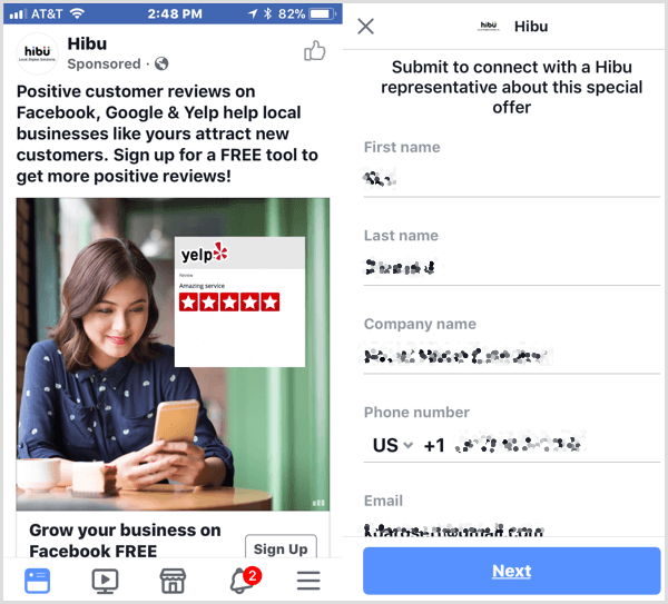 Facebook lead ad example