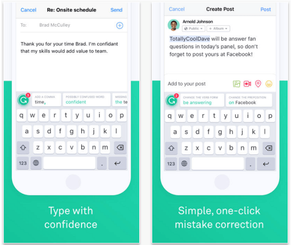 Install the Grammarly Keyboard app to spell and grammar check your posts on mobile.