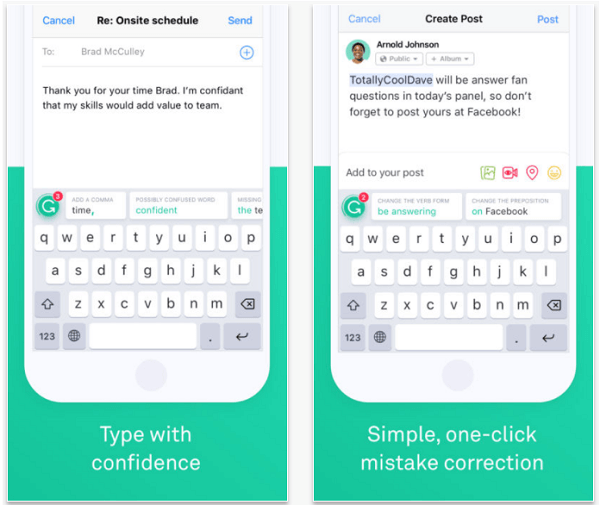 Instale o aplicativo Grammarly Keyboard para soletrar e gramática verificar suas mensagens no celular.