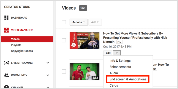YouTube add end screen
