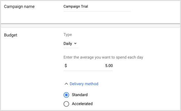 Adicione o nome e o orçamento da campanha no Google AdWords.