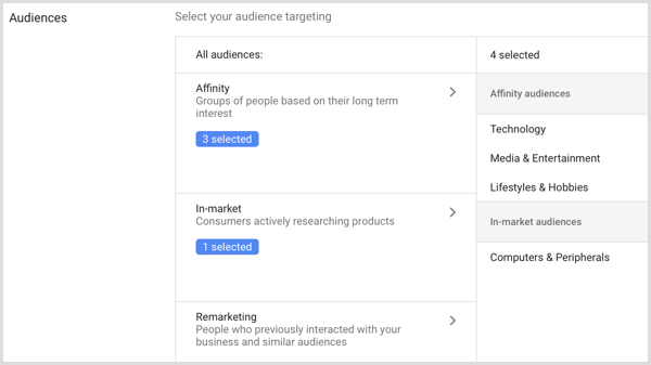 Audiences settings for Google AdWords campaign.