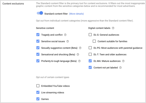 Configurações de exclusões de conteúdo para a campanha do Google AdWords.