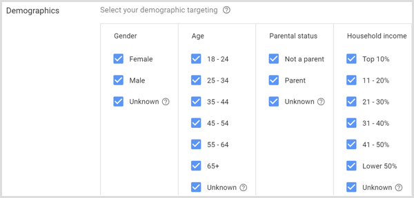 Configurações demográficas para a campanha do Google AdWords.