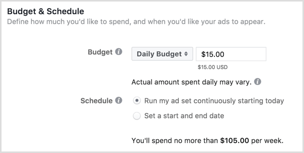 Facebook Anzeigenbudget und Zeitplan