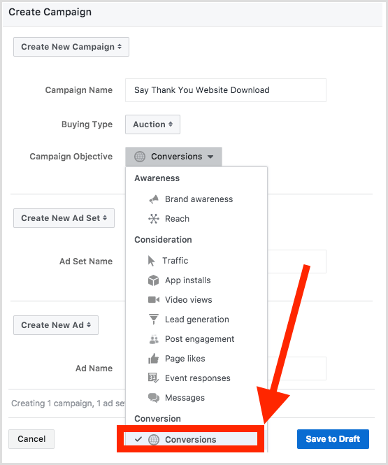 Facebook ad conversions objective