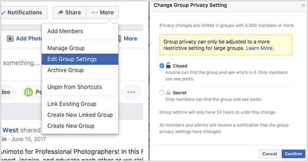 Facebook group change privacy setting