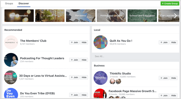 Facebook groups categories and suggestions