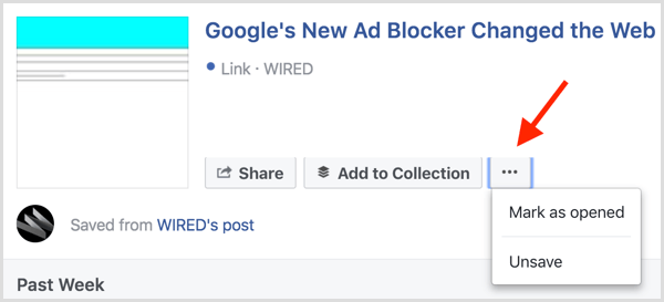 Facebook saved item mark as opened