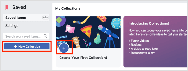 Facebook saved items create collection