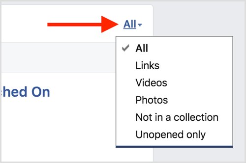 Facebook saved items list filters