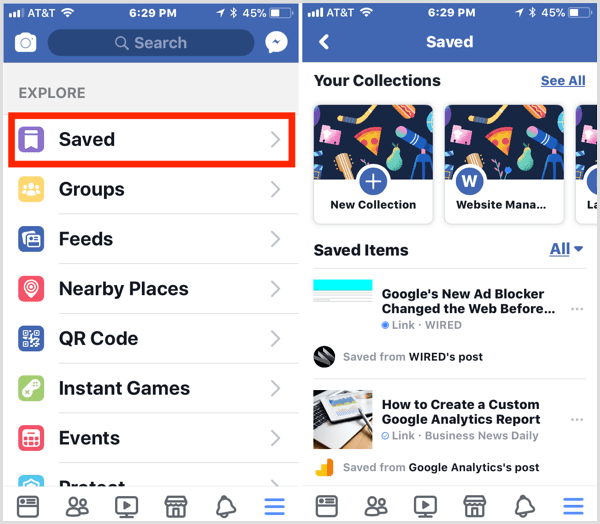 Facebook saved items on mobile