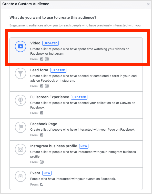 Facebook video engagement custom audience