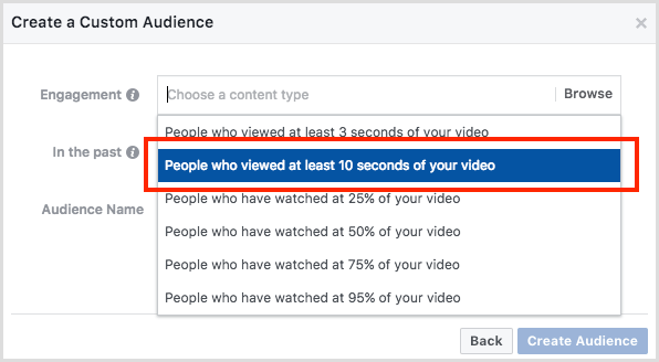Facebook video engagement custom audience
