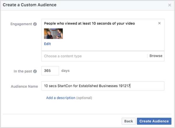 Facebook video engagement custom audience