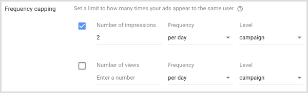 Configurações de limite de frequência para a campanha do Google AdWords.