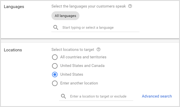 Languages and Locations settings for Google AdWords campaign.