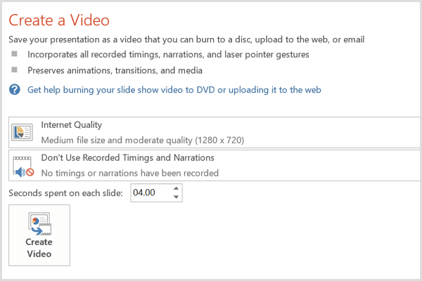 PowerPoint create video options