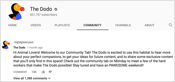 YouTube-Kanal Community Tab Intro Post