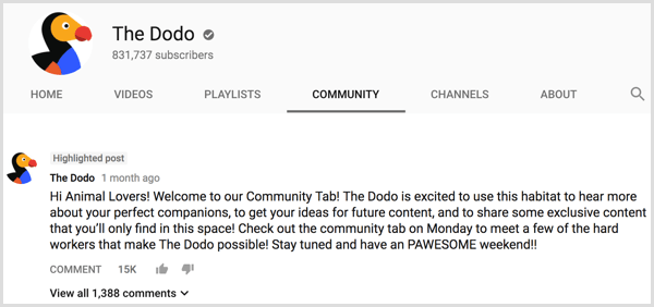 YouTube channel Community tab intro post