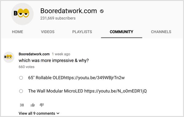 YouTube channel Community tab poll