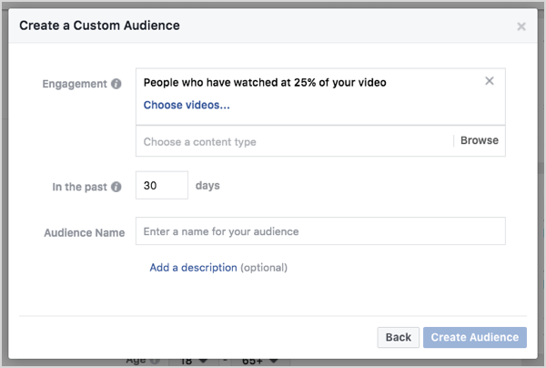 Facebook custom audience based on video views in 30 days.