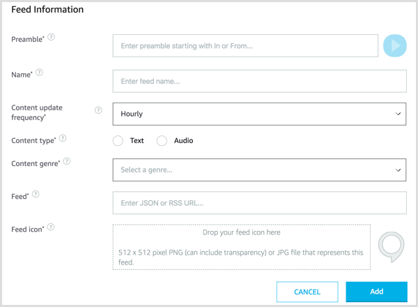 Fill out the Feed Information page to configure your Alexa flash briefing feed.