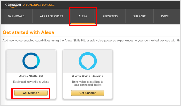 Click the Get Started button under Alexa Skills Kit.