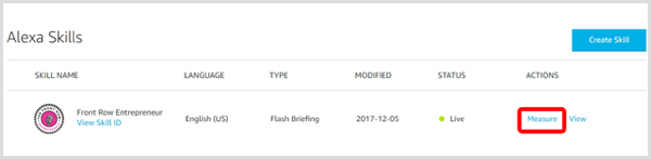 Click the Measure link to review your Alexa skill analytics.