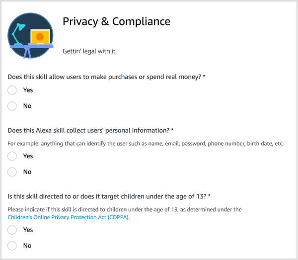 Answer Privacy & Compliance questions for your Alexa skill.