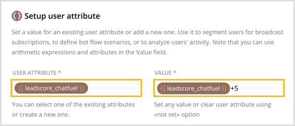 Create a new user attribute and set a value for it in Chatfuel.