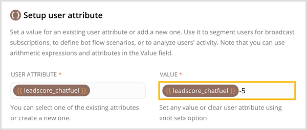 Create a new user attribute and set a value for it in Chatfuel.