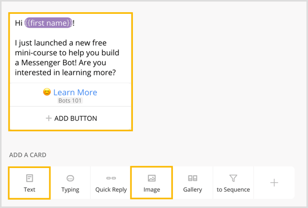 Add your text and an image card to create the content of your broadcast message in Chatfuel.