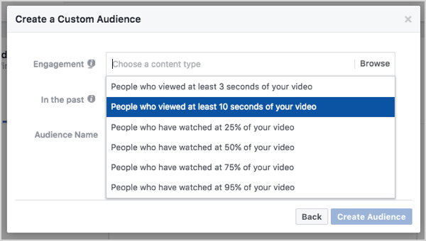 Facebook custom audience based on 10-second video views.