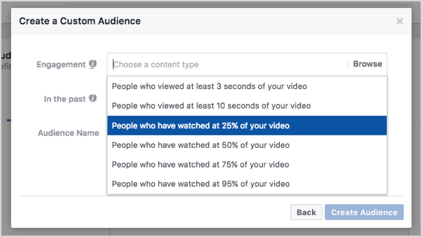 Facebook custom audience based on 25% video views.