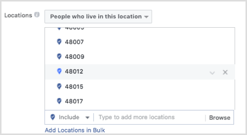 Facebook ad targeting by zip code.