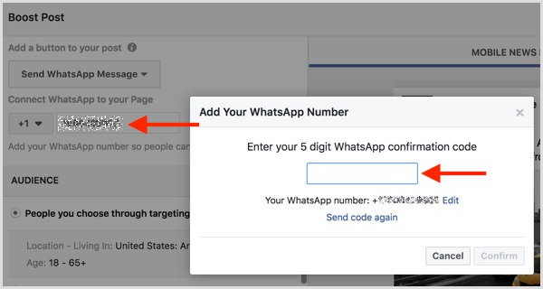 Enter the confirmation code you received via SMS to connect your WhatsApp Business account with Facebook.