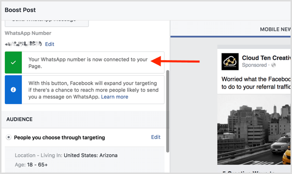 Facebook confirms that you've connected your Facebook page to WhatsApp.