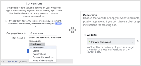 Create a Facebook campaign with the Web Conversions objective and select the action you want your audience to perform.