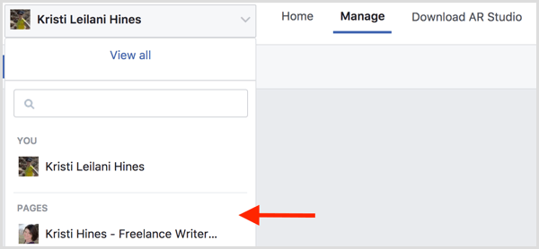 Um einen Facebook-Frame für Ihre Veranstaltung zu erstellen, gehen Sie zu Effekte verwalten und wählen Sie Ihre Facebook-Seite aus.